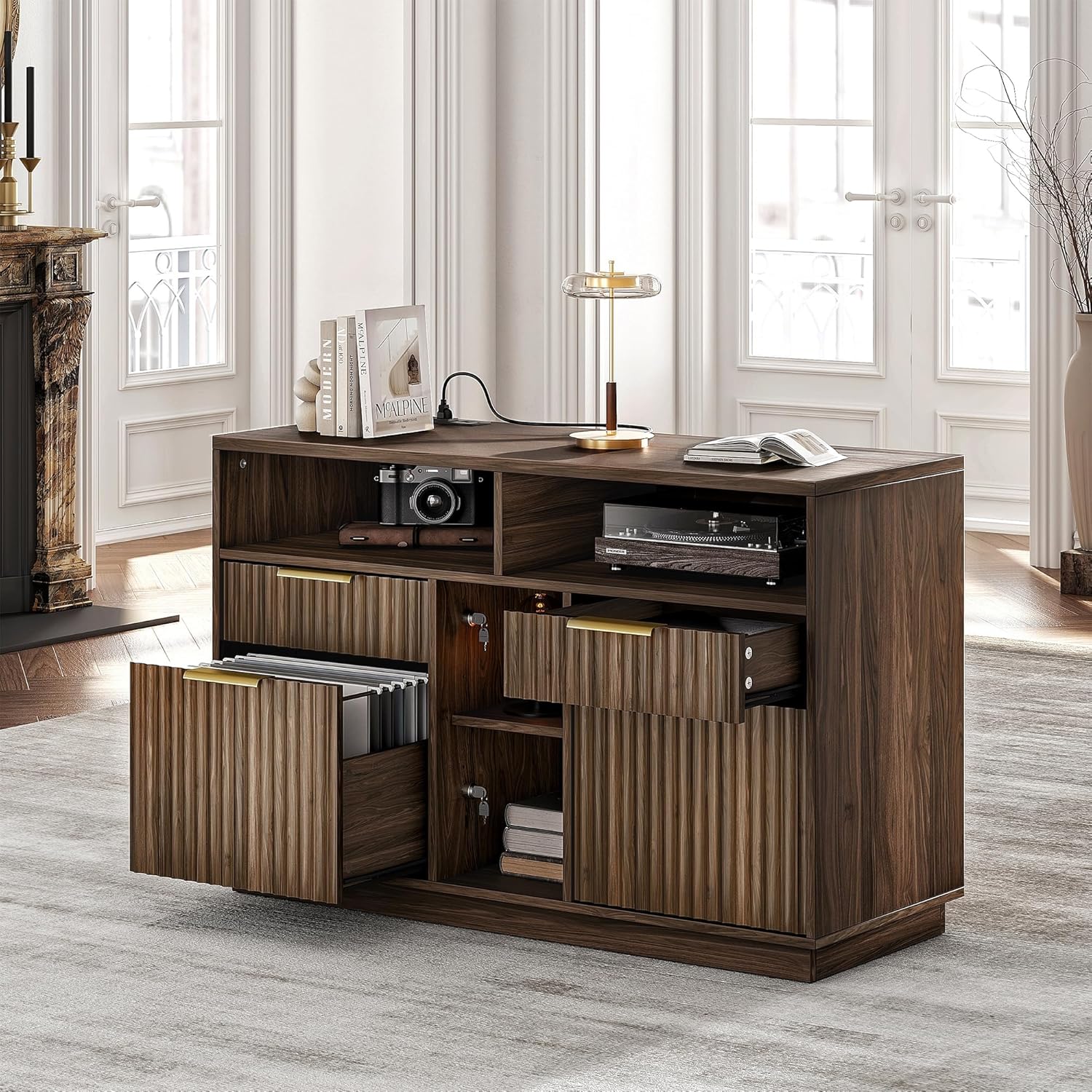 File Cabinet Lateral - 4 Drawer File Cabinet, Fluted Wood
